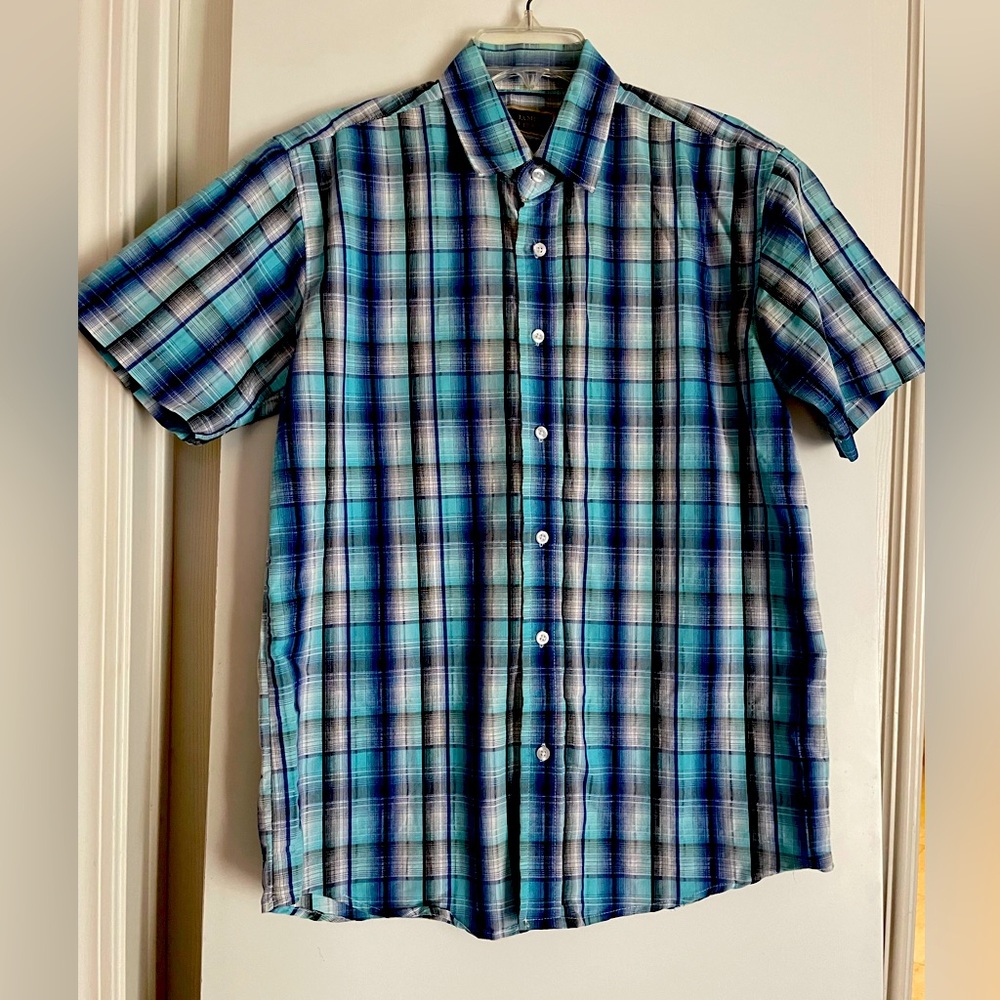 James Tattersall Cotton Blend Short Sleeve Button Up Shirt Plaid-Blue